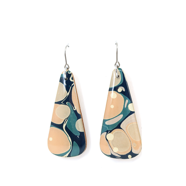 Navy and pastel colors mid century modern long earrings made from hand marbled UK paper, featuring a unique design and titanium hooks for sensitive ears.