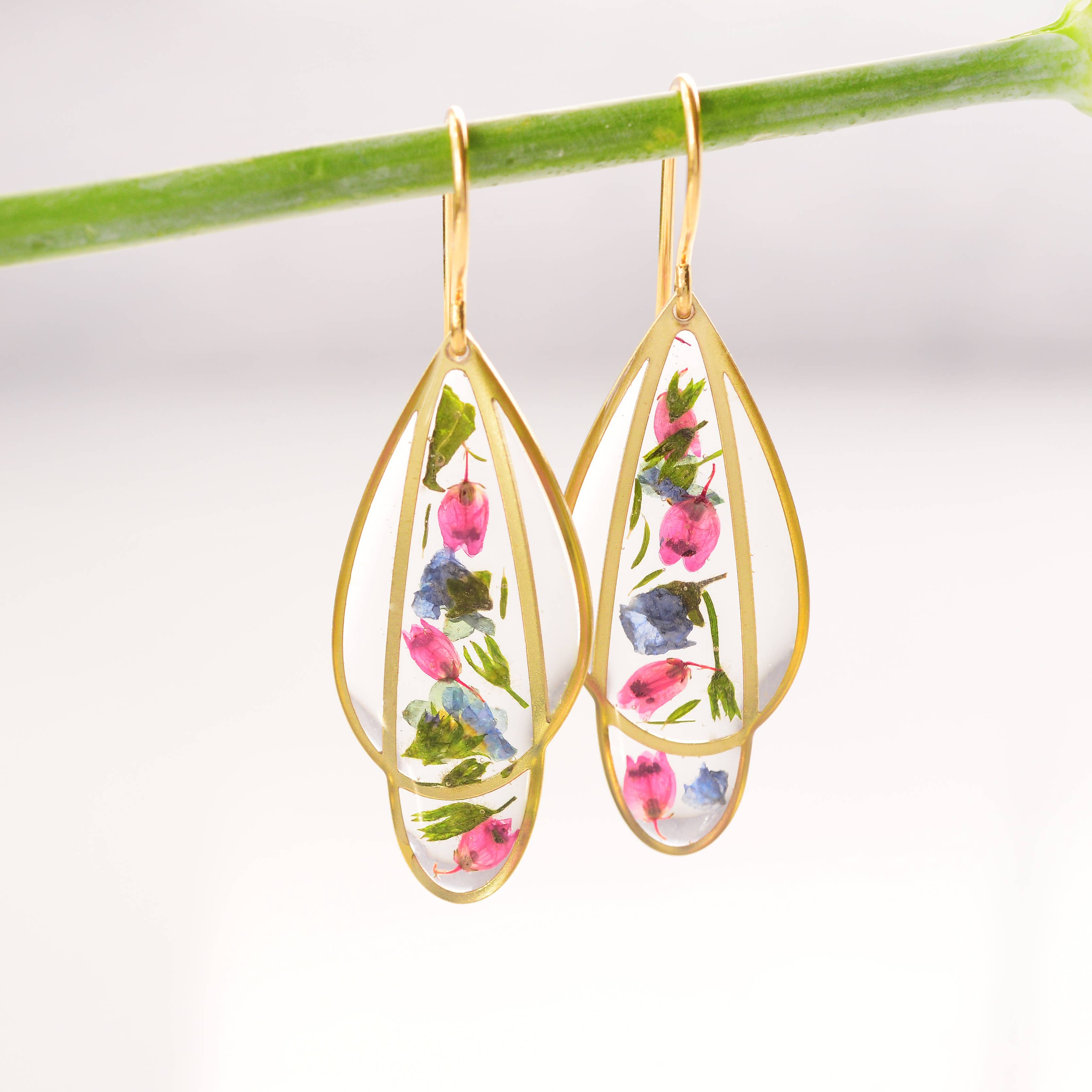Garden Variety Droplet earrings with preserved flower petals