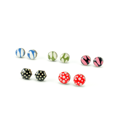 Patterned mini titanium stud earrings showcasing beautiful geometric Chiyogami and marbled paper designs.