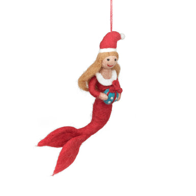 Felt Mermaid ornament wearing a Santa hat