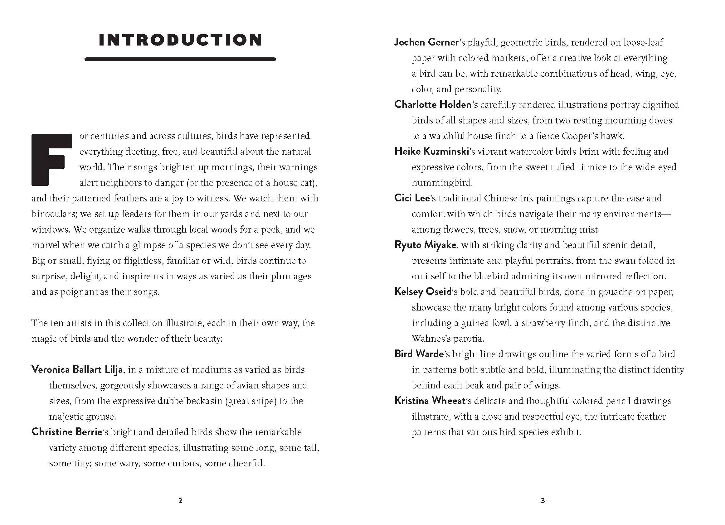 Introduction page from 'Bird Box | 100 Postcards by 10 Artists' showcasing featured artists and their avian artwork. Published by Chronicle Books.