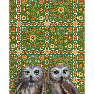Framed art print of two owls on a patterned background.