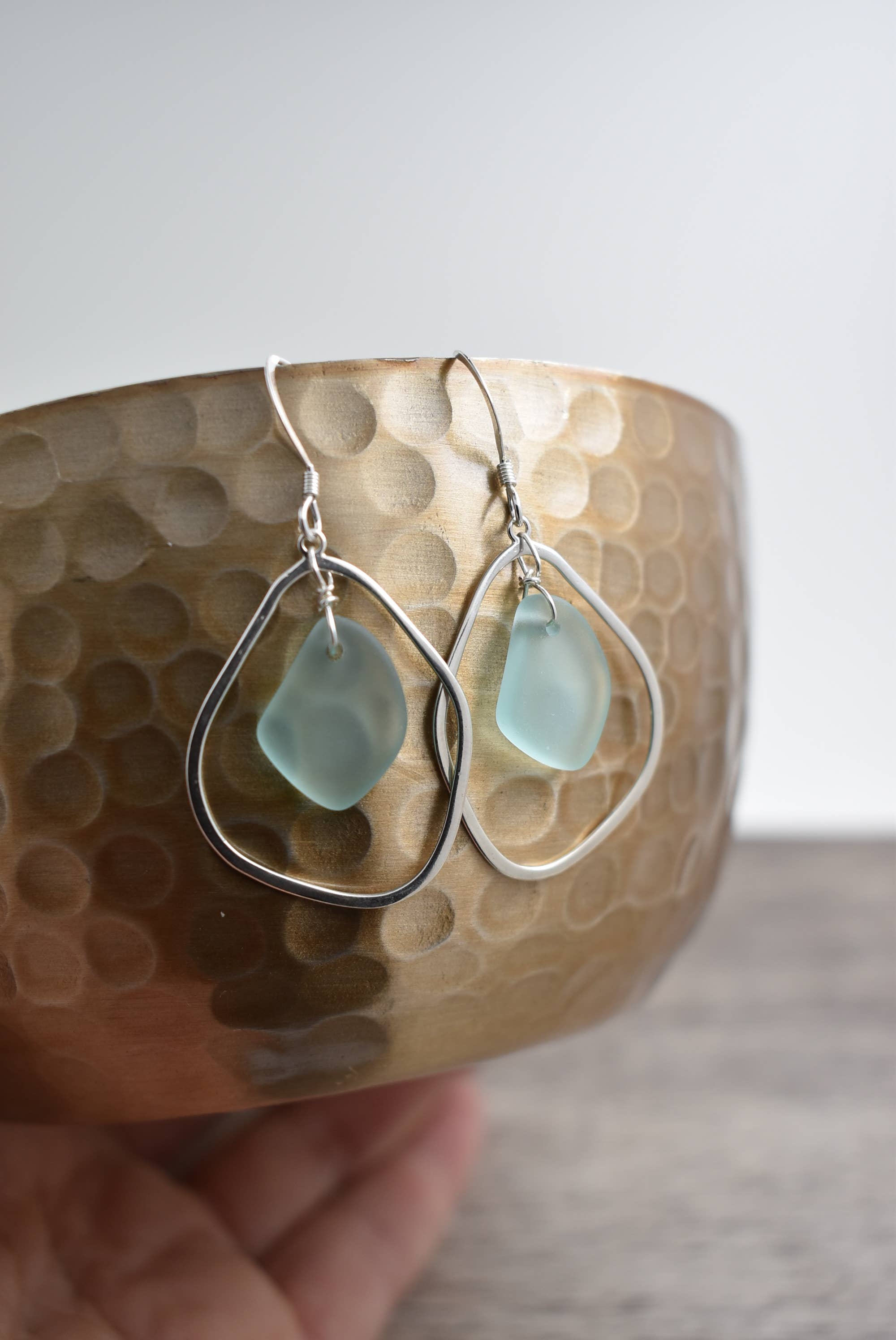 silver hoop with sea glass drop earrings