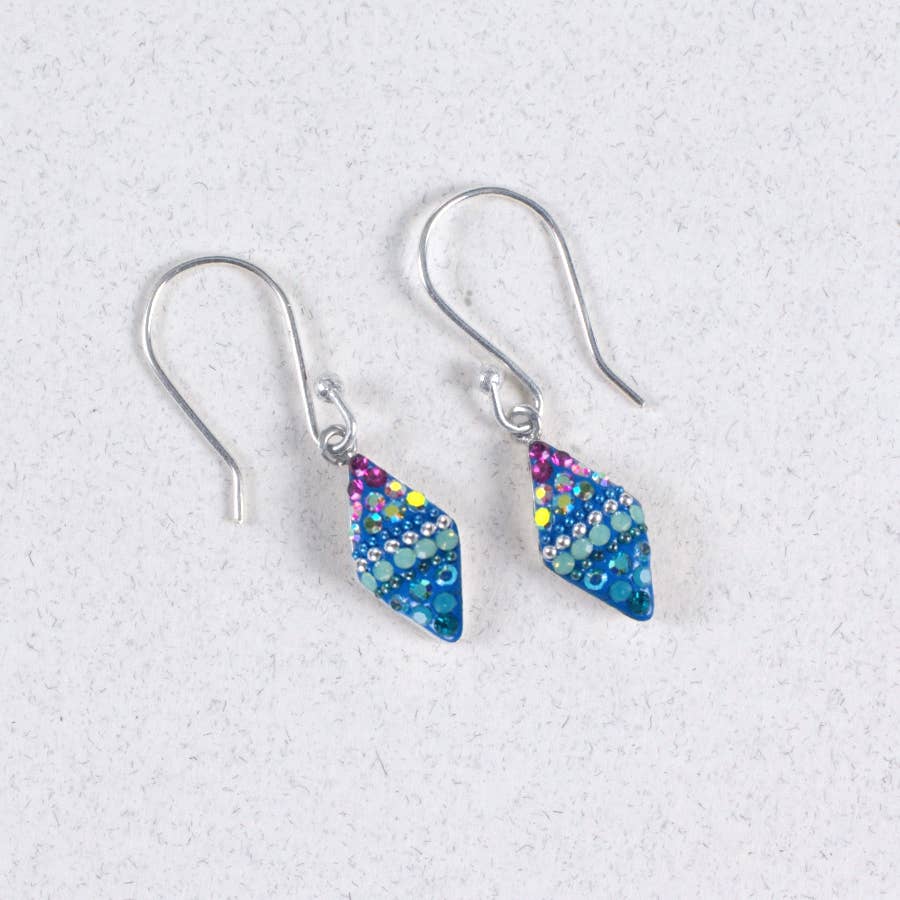 Crystal Rhombus Earrings by Mosaico Jewels showcasing sparkling geometric design and silver finish.