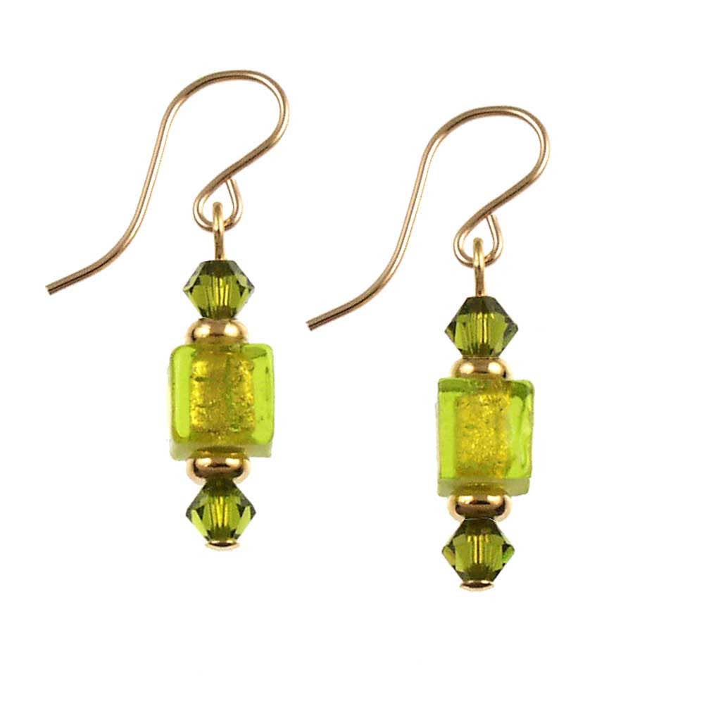 green crystal box drop earrings