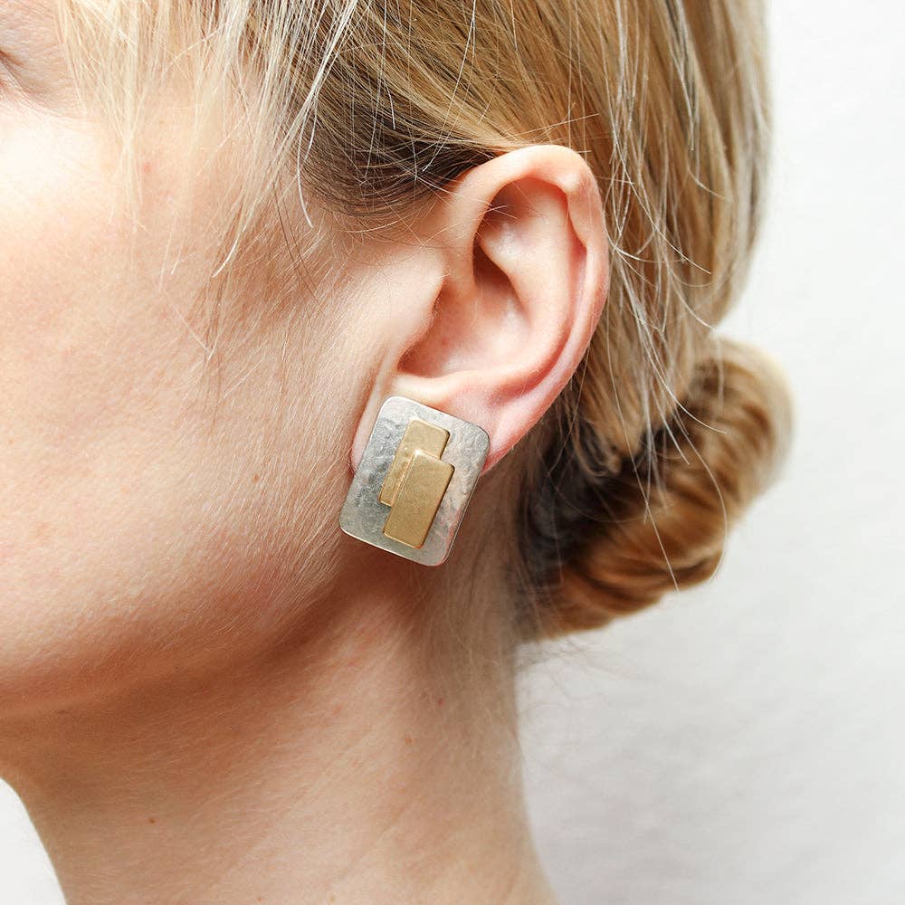 Rounded Rectangle with Layered Rectangles Post Earrings by Marjorie Baer, handcrafted jewelry made in California