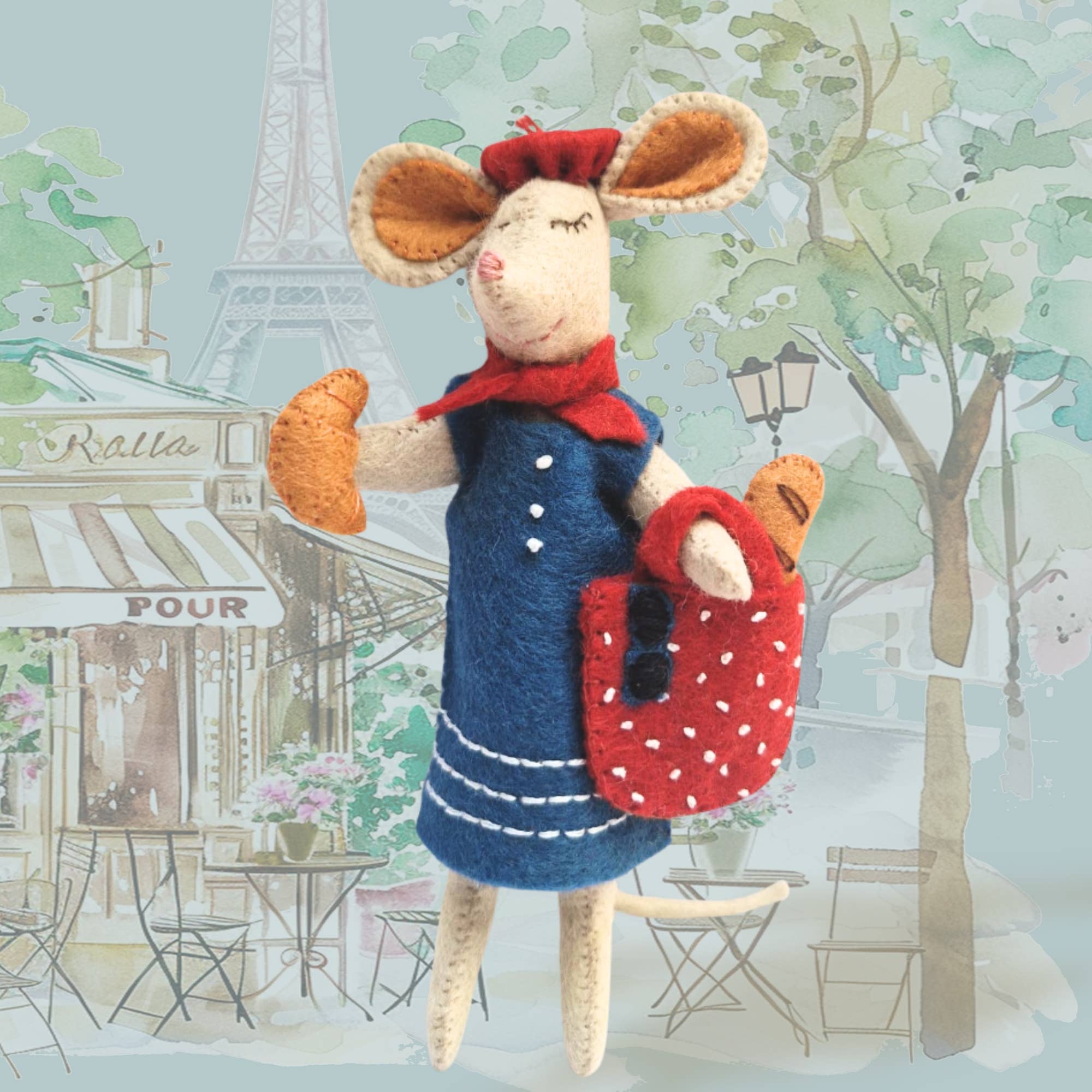 Little Mouse in Paris Felt Craft Mini Kit showing a charming felt mouse enjoying a fresh croissant and baguette, perfect for vintage-style decor and imaginative storytelling.