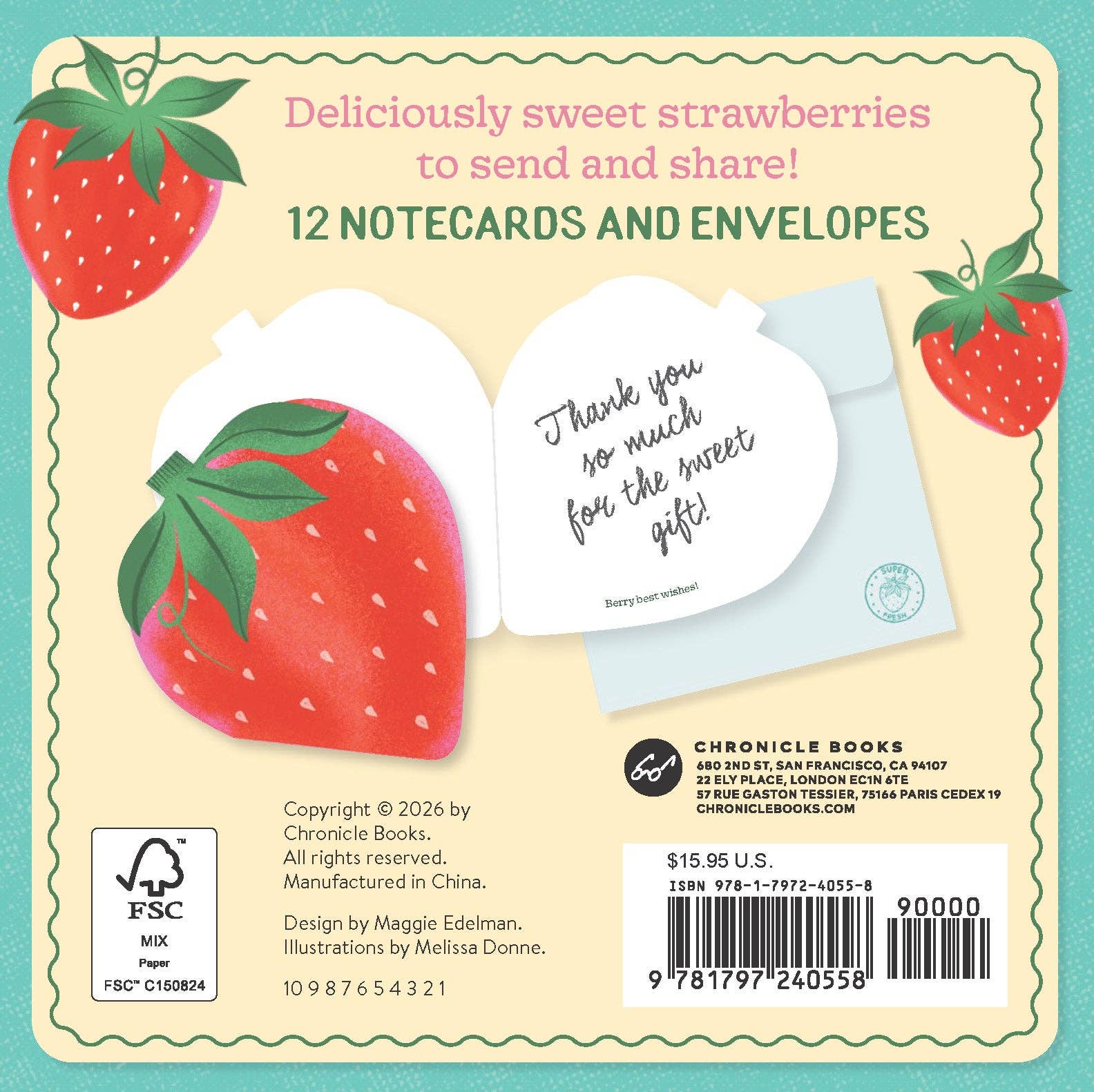Back view of Paper Produce Strawberry Notecards by Chronicle Books, showcasing a thank you note design with vibrant strawberry graphics and a message of appreciation. Perfect for sending cheerful greetings and sharing sweet sentiments.