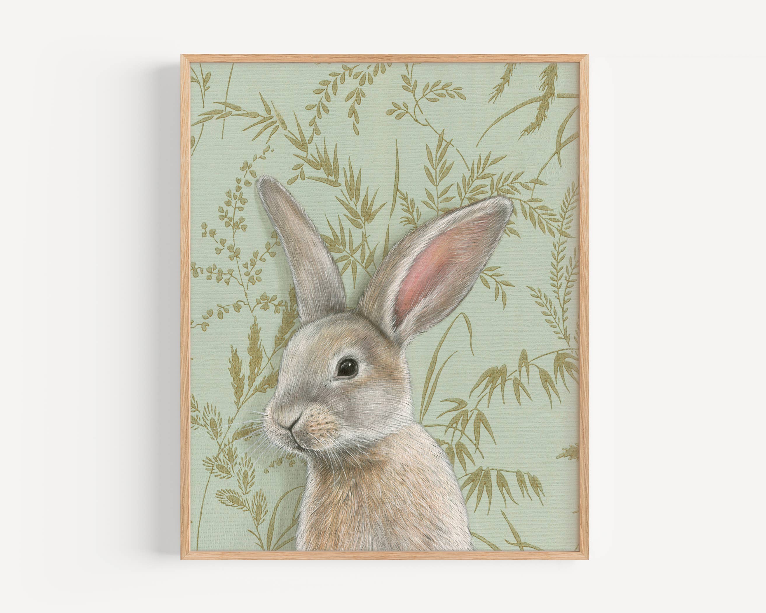 Fine art print of a rabbit, beautifully illustrated with intricate details, by Emily Uchytil. This artwork showcases the rabbit against a vintage floral background, perfect for home decor.