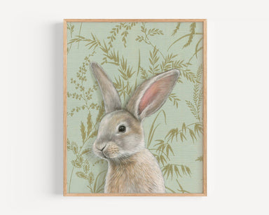 Fine art print of a rabbit, beautifully illustrated with intricate details, by Emily Uchytil. This artwork showcases the rabbit against a vintage floral background, perfect for home decor.