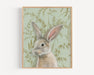 Fine art print of a rabbit, beautifully illustrated with intricate details, by Emily Uchytil. This artwork showcases the rabbit against a vintage floral background, perfect for home decor.