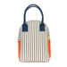 Striped lunch bag with blue handles and orange accents