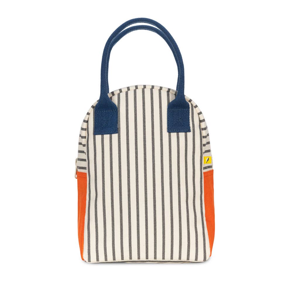 Striped lunch bag with blue handles and orange accents