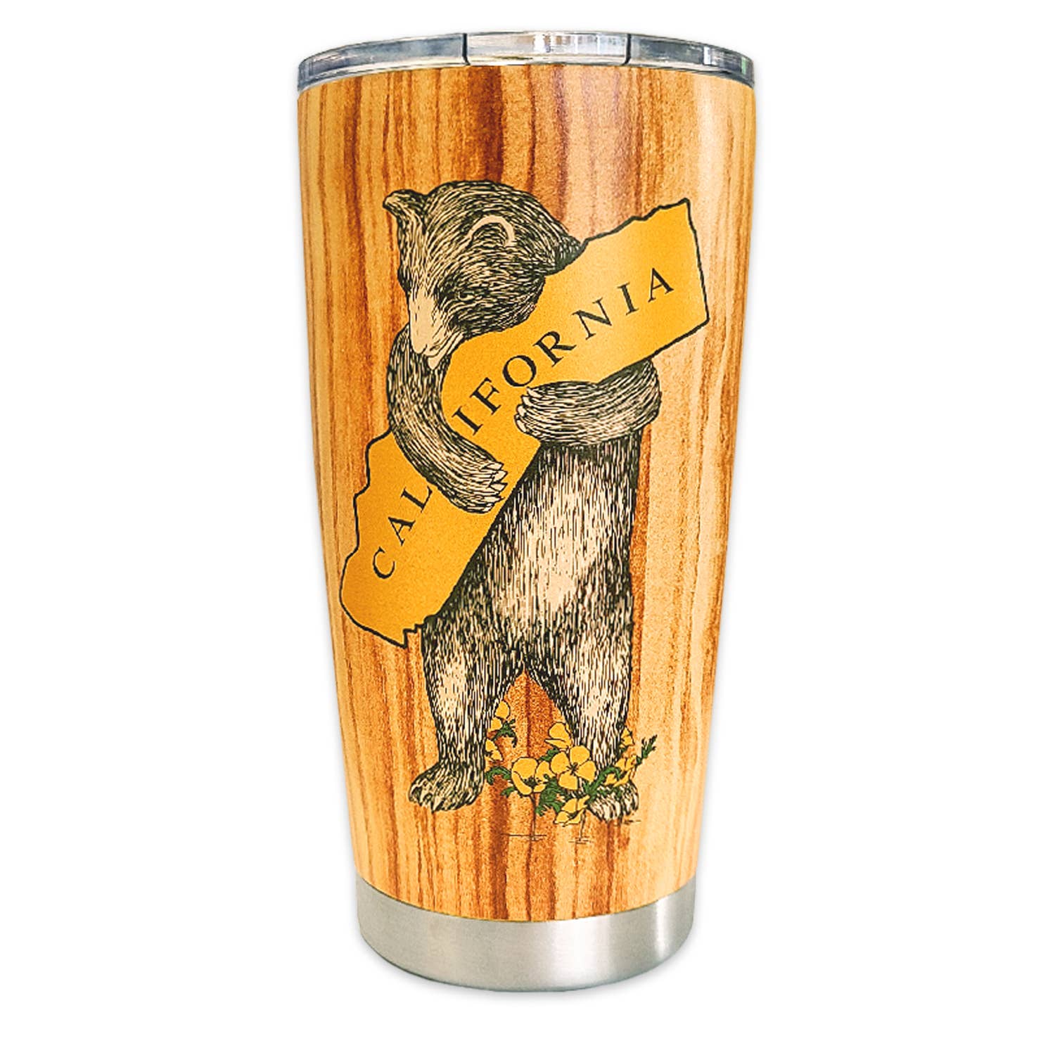 California Woodgrain Bear Hug Travel Mug by SF Mercantile, featuring a charming bear design and woodgrain finish, ideal for keeping drinks hot or cold.