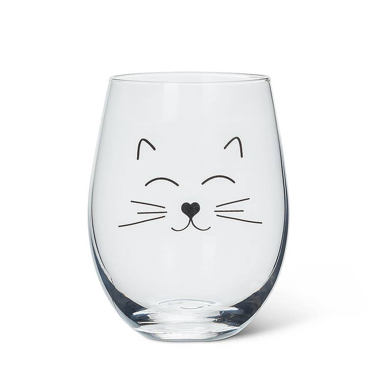 Stemless wine glass featuring a cheerful cat face design by Abbott, ideal for wine and cocktails.