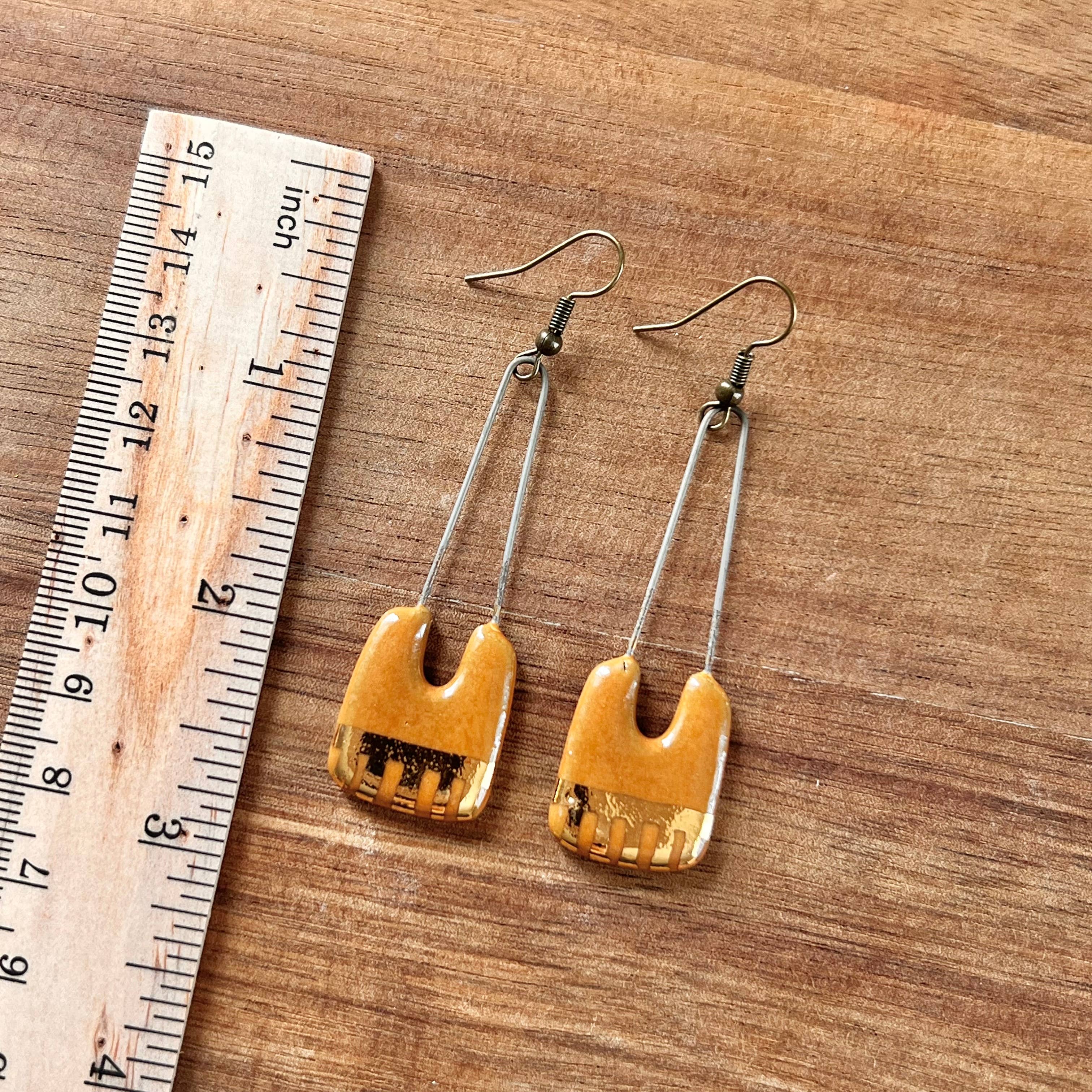 Orange Saddle Gold Dropped Rectangle Ceramic Earrings