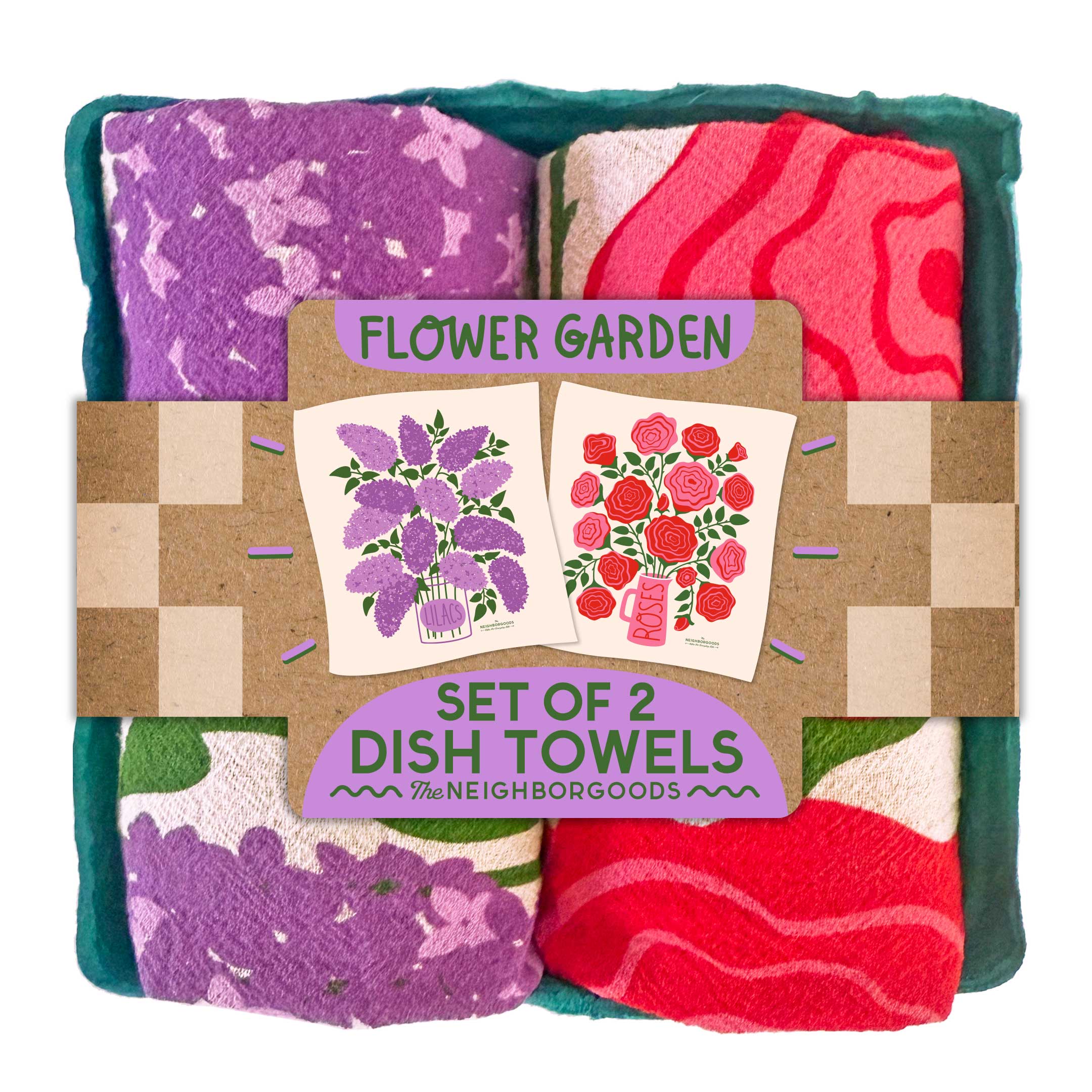Flower Garden Tea Towel Set of 2 featuring beautiful lilacs and roses, perfect for home decor and gifting. 100% cotton, eco-friendly design in a compostable container.