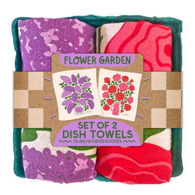 Flower Garden Tea Towel Set of 2 featuring beautiful lilacs and roses, perfect for home decor and gifting. 100% cotton, eco-friendly design in a compostable container.