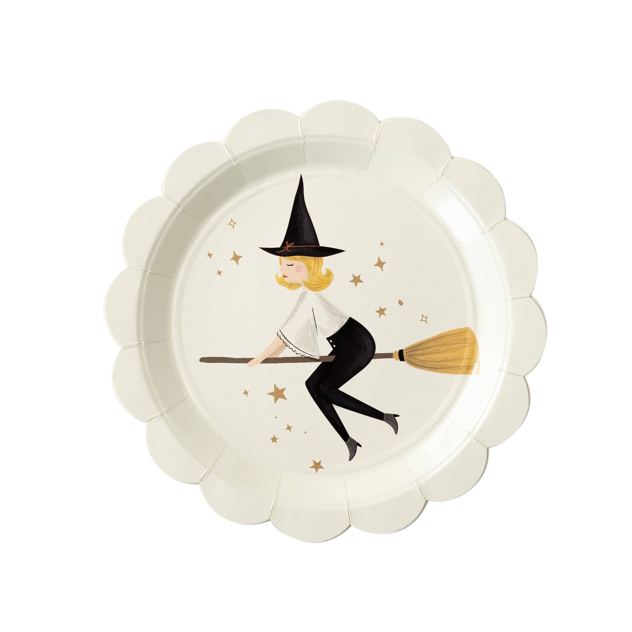 scalloped paper plate with flying witch on a broom