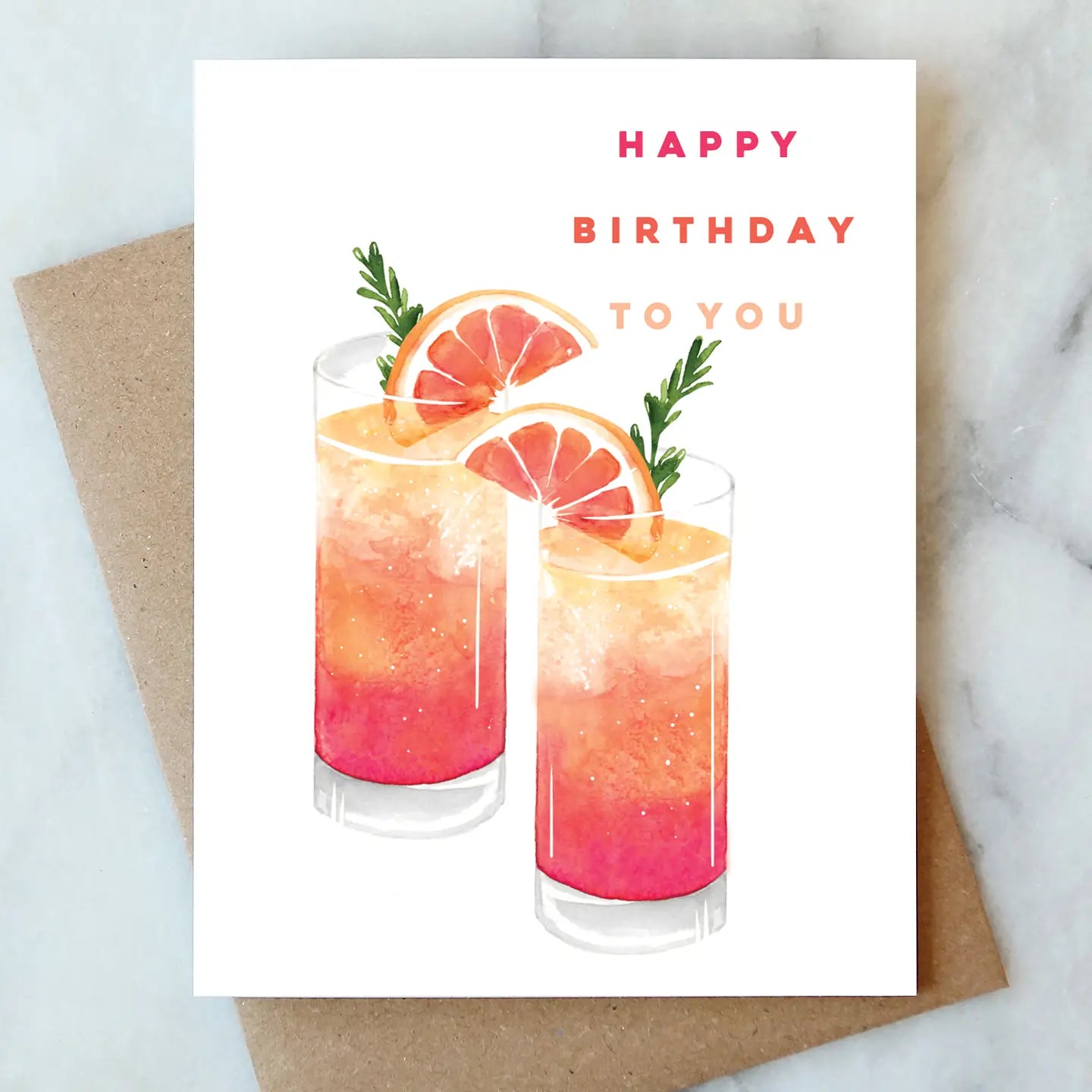 Colorful birthday card featuring two drinks garnished with citrus, wishing happy birthday, by Abigail Jayne Design, part of the Abigail Jayne Card Collection.