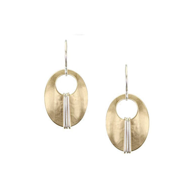 Small Wrapped Brass Oval Wire Earrings featuring a sculptural design with silver wire wrap and unique details.