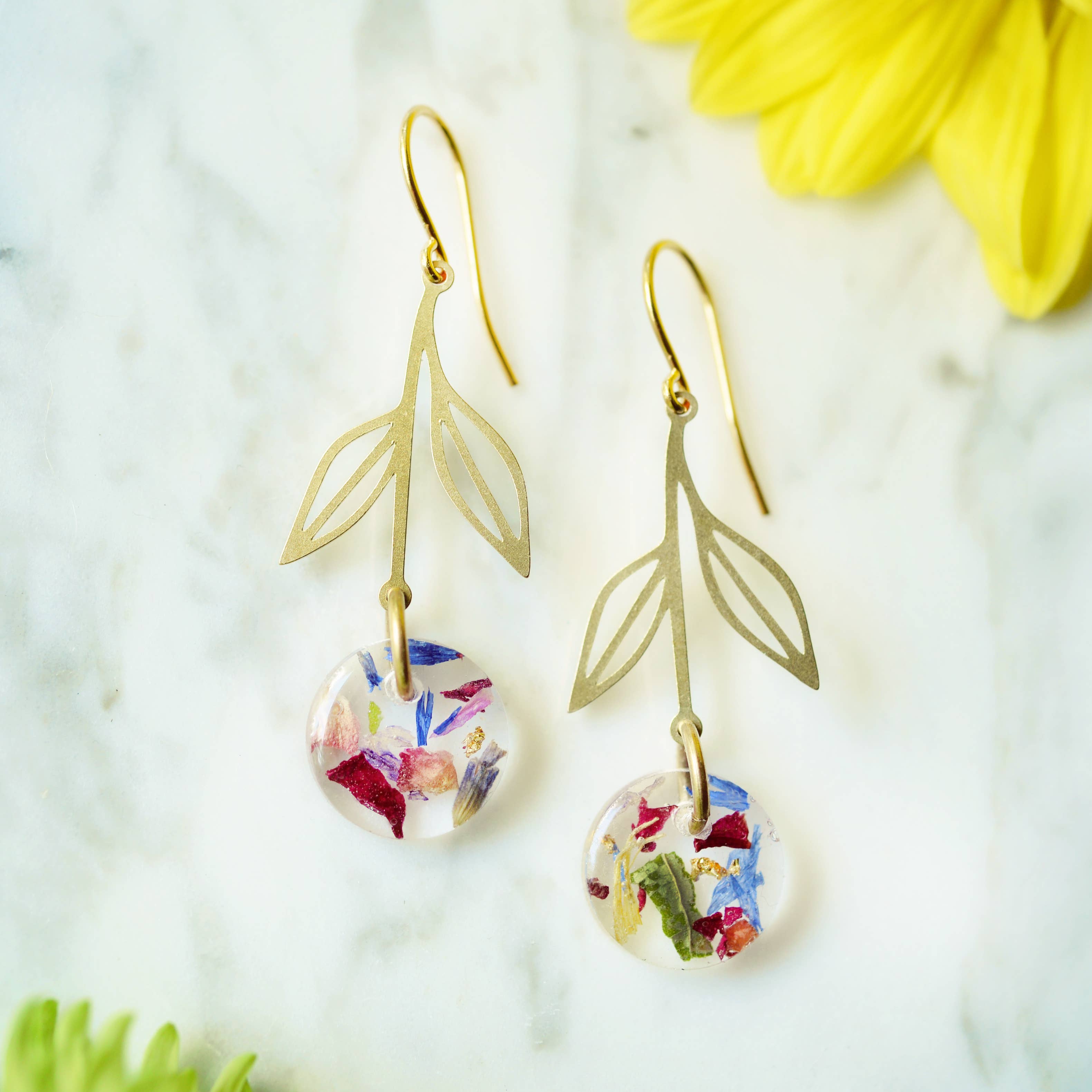 The Flower Petal Earrings with dried flower confetti discs
