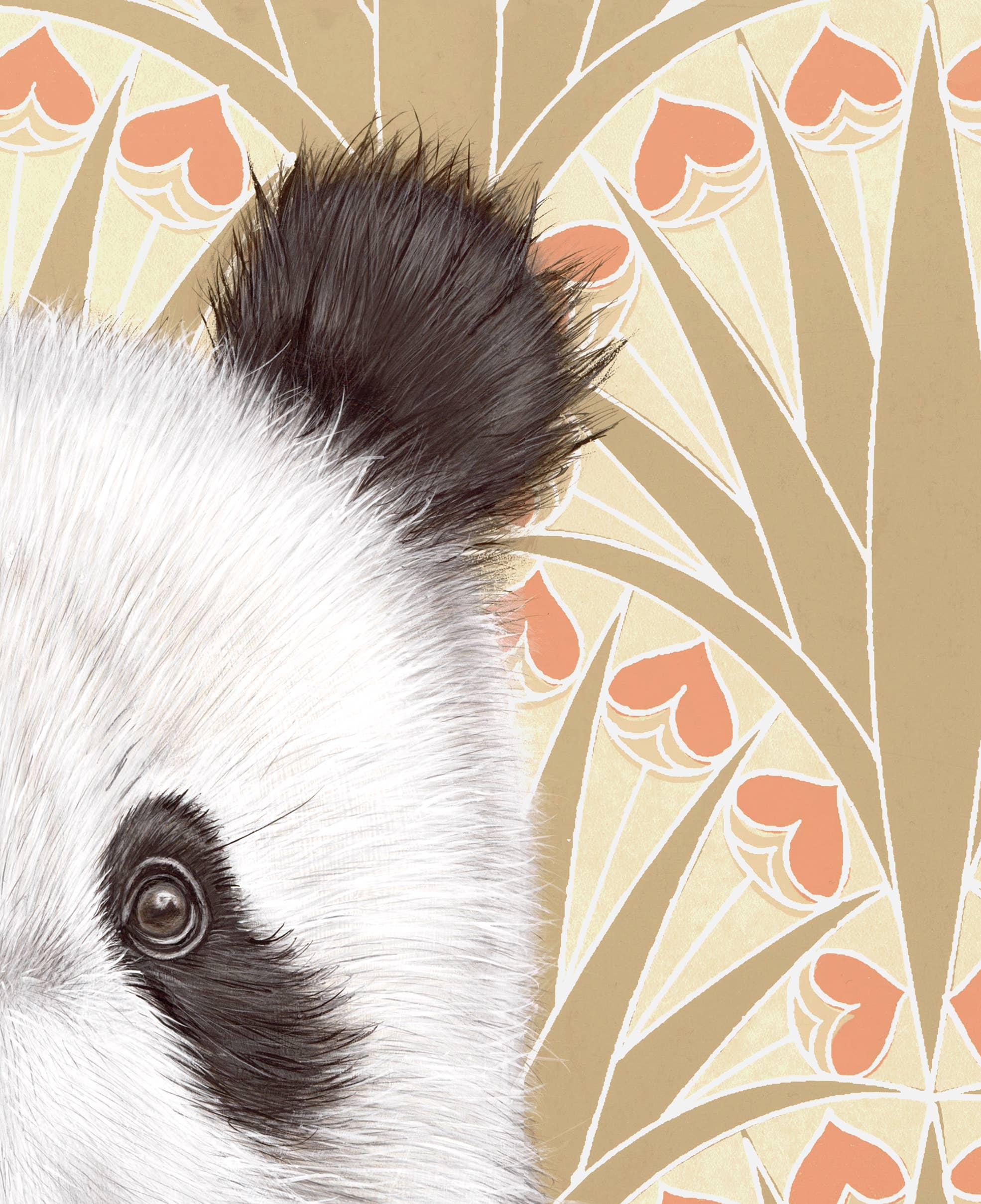 Framed art print of a panda on a patterned background.