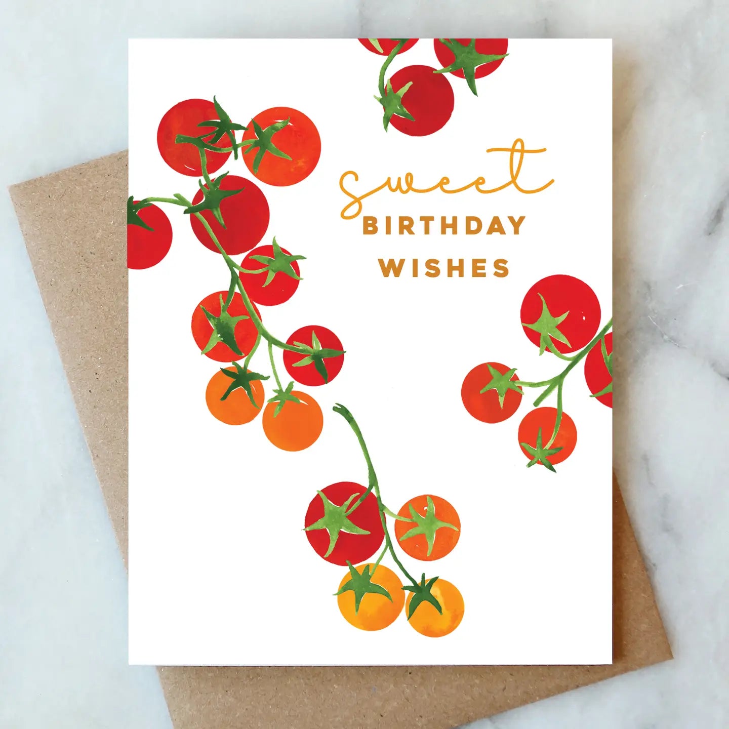 Abigail Jayne Card Collection showcasing colorful tomatoes with the message 'Sweet Birthday Wishes' on a premium card, ideal for sending birthday greetings.