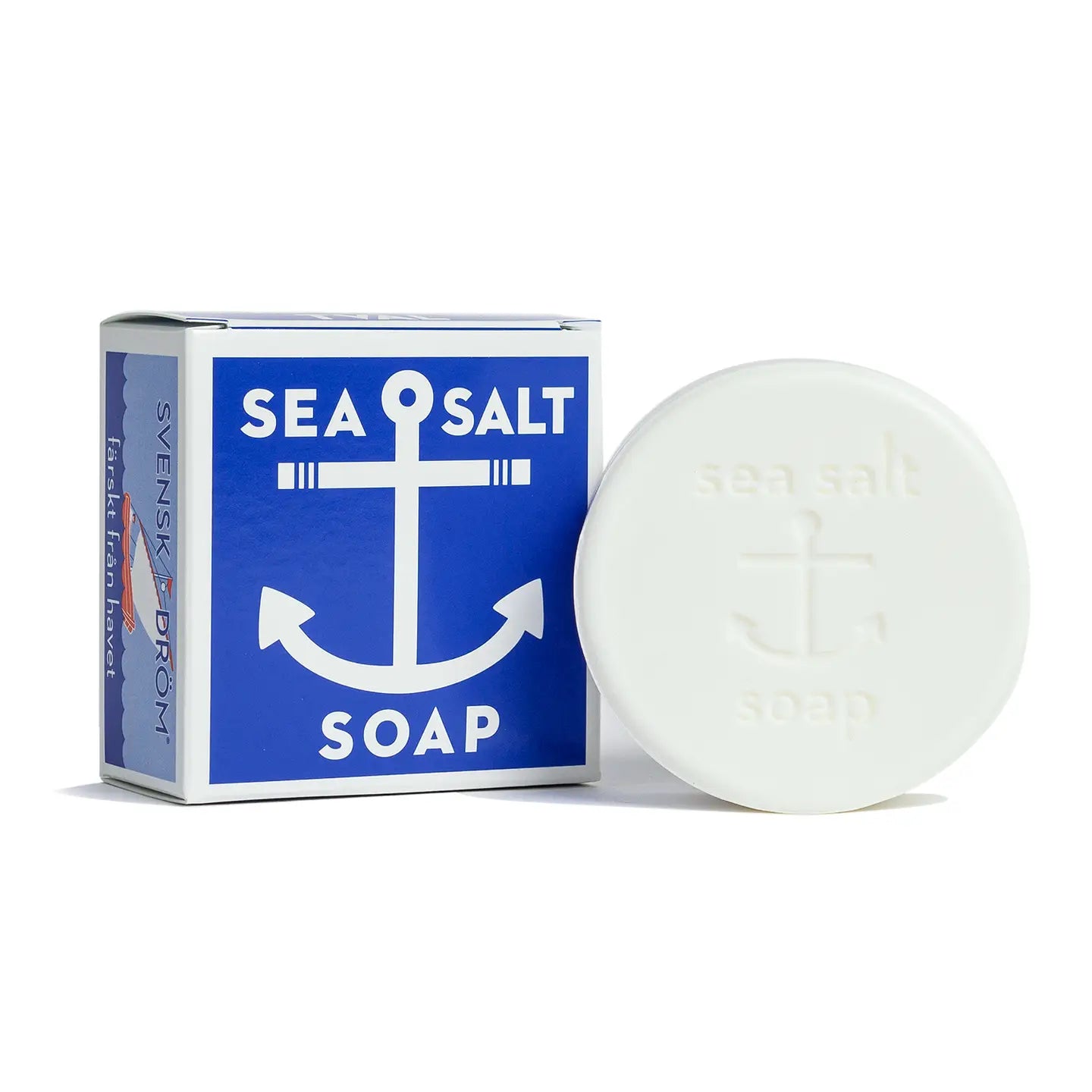 Swedish Dream Bar Soap by Kalastyle Soap Co., featuring a sea salt soap bar in a blue box with an anchor design, providing an invigorating and refreshing bathing experience.