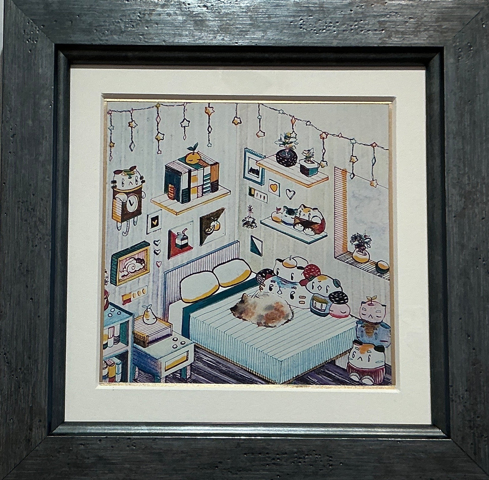 Framed artwork titled 'Corner Room 2' by Mari Minjoe, showcasing whimsical pen, ink, and watercolor illustrations inspired by her inner child.