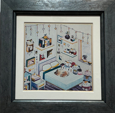 Framed artwork titled 'Corner Room 2' by Mari Minjoe, showcasing whimsical pen, ink, and watercolor illustrations inspired by her inner child.