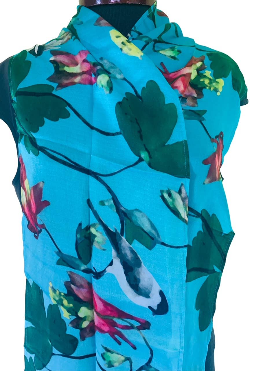 Columbine Chickadees silk scarf by Nina J, limited-edition wearable art inspired by nature