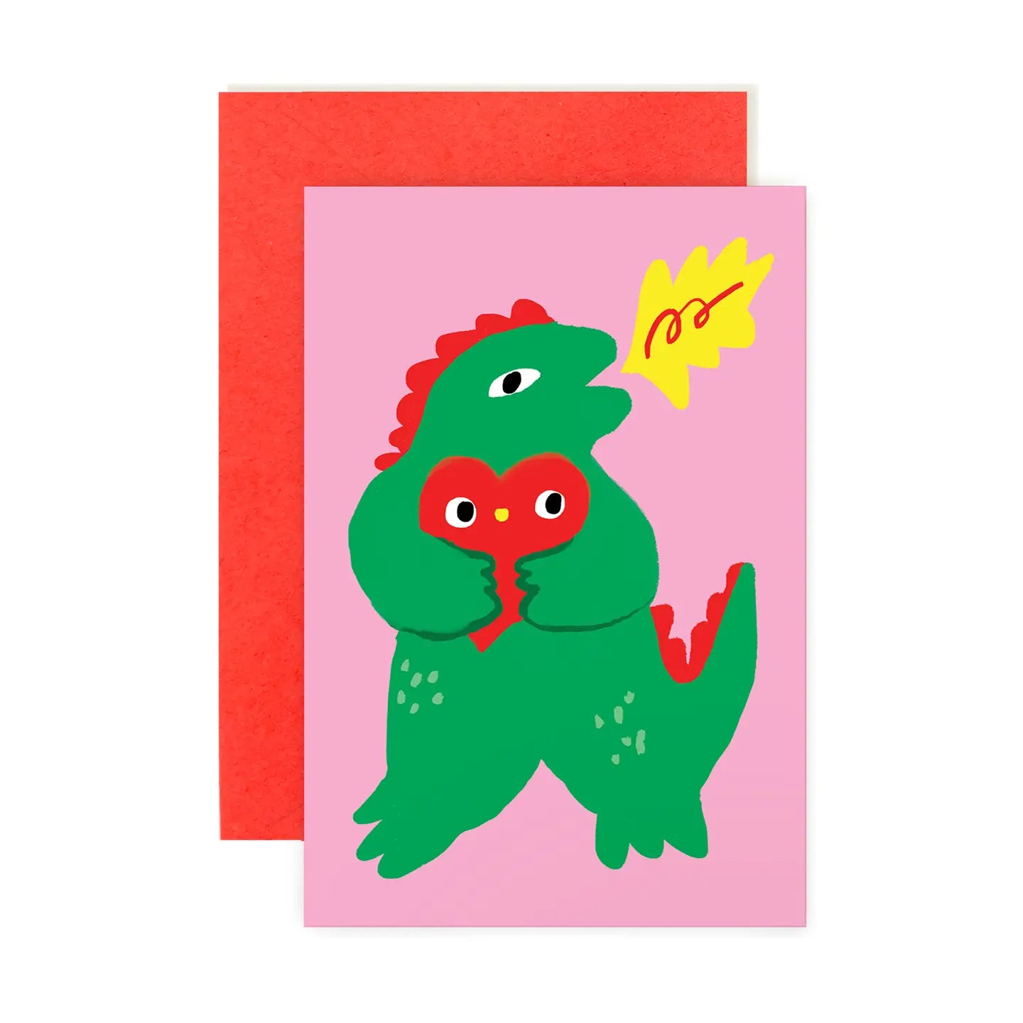 Fun mini note card featuring a green dinosaur holding a red heart, set against a pink backdrop, paired with a red envelope, part of the Karen Schipper Mini Note Card Collection.