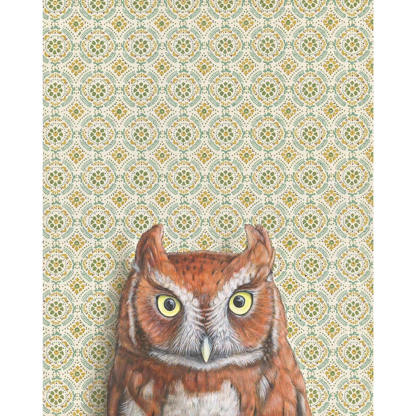 Framed art print of an owl on a patterned background