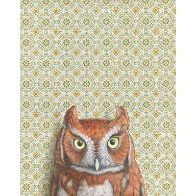 Framed art print of an owl on a patterned background