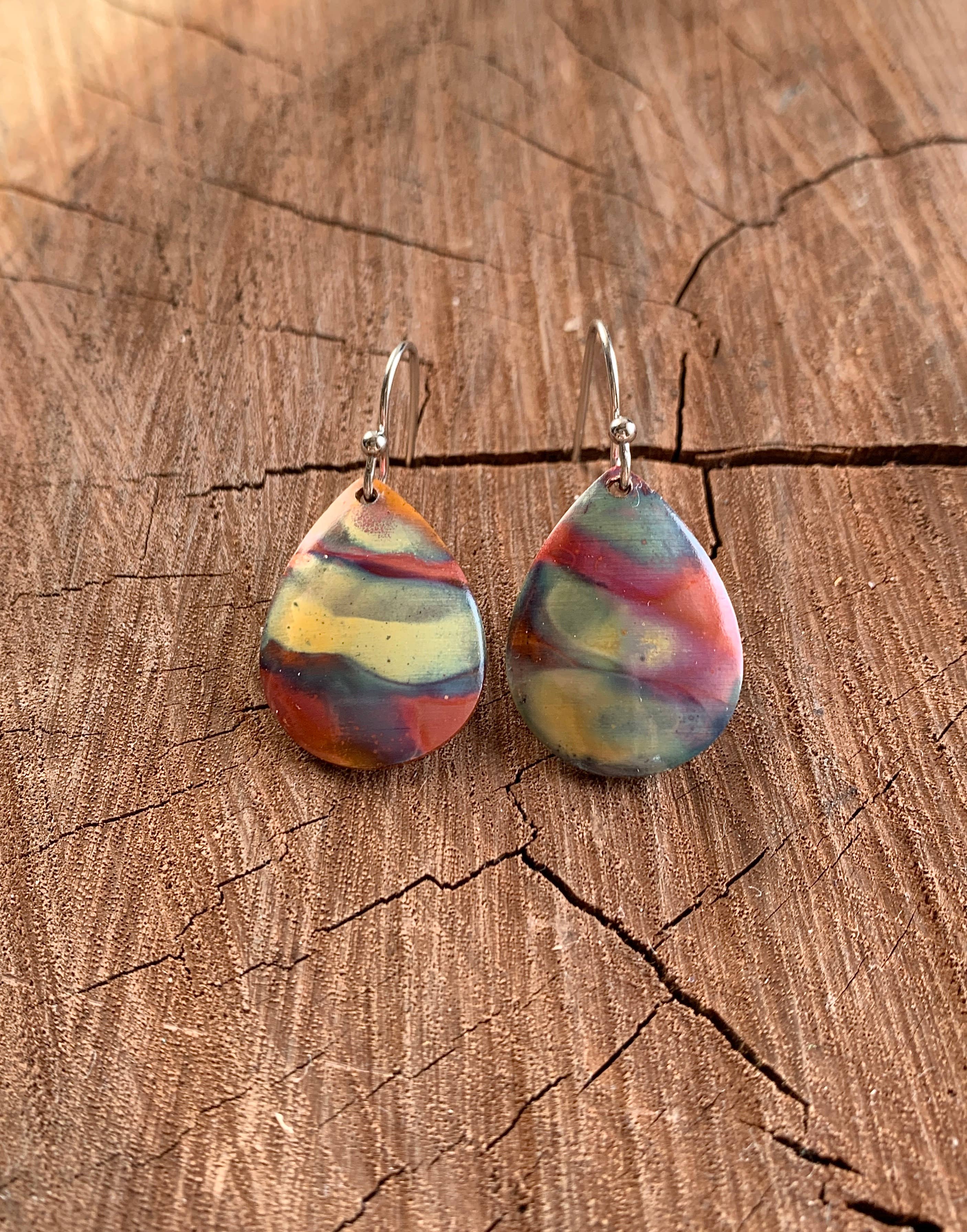 Small Teardrop Fire Painted Copper Earrings