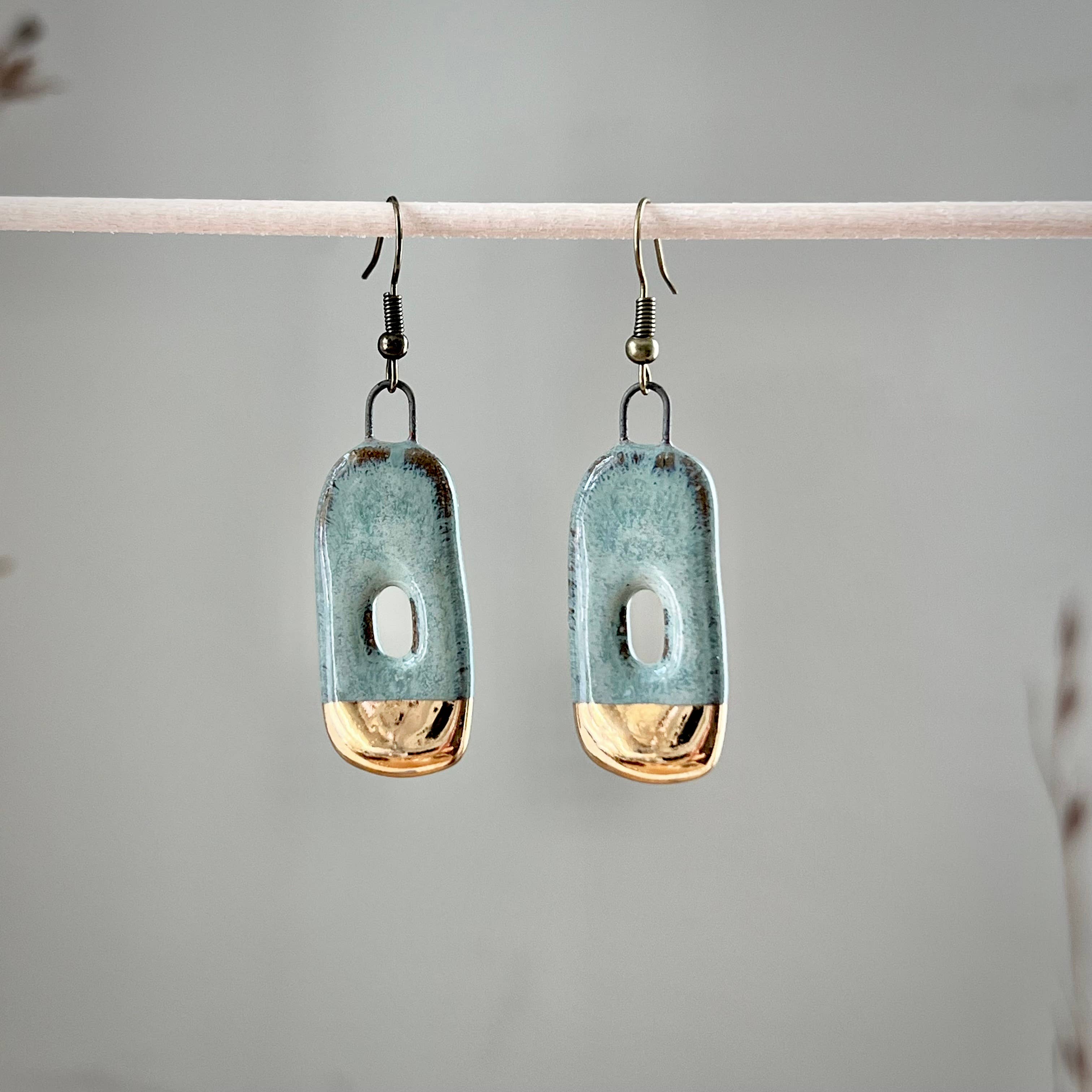 Turquoise Gold Dipped Abstract Hoop Ceramic Earrings