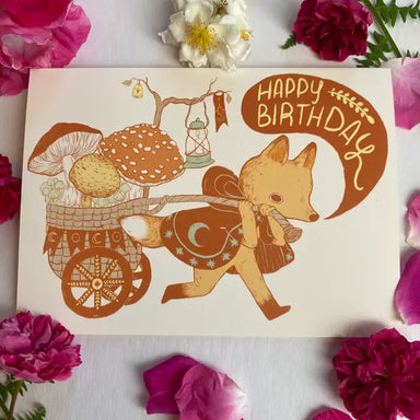 Happy Birthday fox pulling wagon with mushrooms Greeting Card