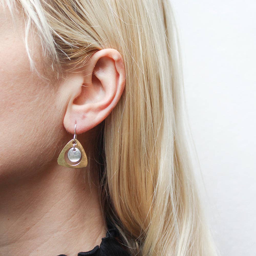 Medium Cutout Rounded Triangle with Hanging Disc Wire Earrings by Marjorie Baer, handcrafted jewelry made in California