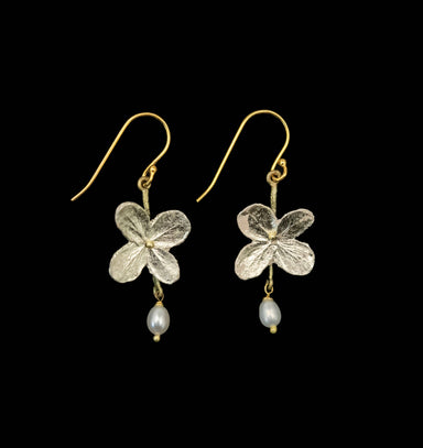 Elegant White Hydrangea Single Flower Wire Earrings by Michael Michaud, featuring a bronze silhouette with a silver plated finish and adorned with a delicate 22K white gold leaf, complemented by a soft pearl drop.