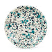 Crow Canyon Home Catalina Enamelware Coupe Dinner Plate showcasing a vibrant speckled pattern with shades of teal and navy on a light backdrop.