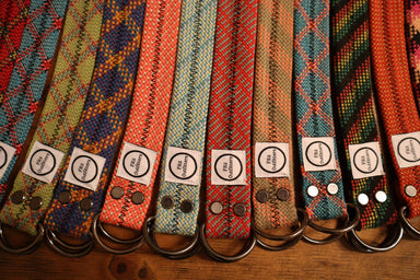 Belts made from retired climbing rope in assorted colors.