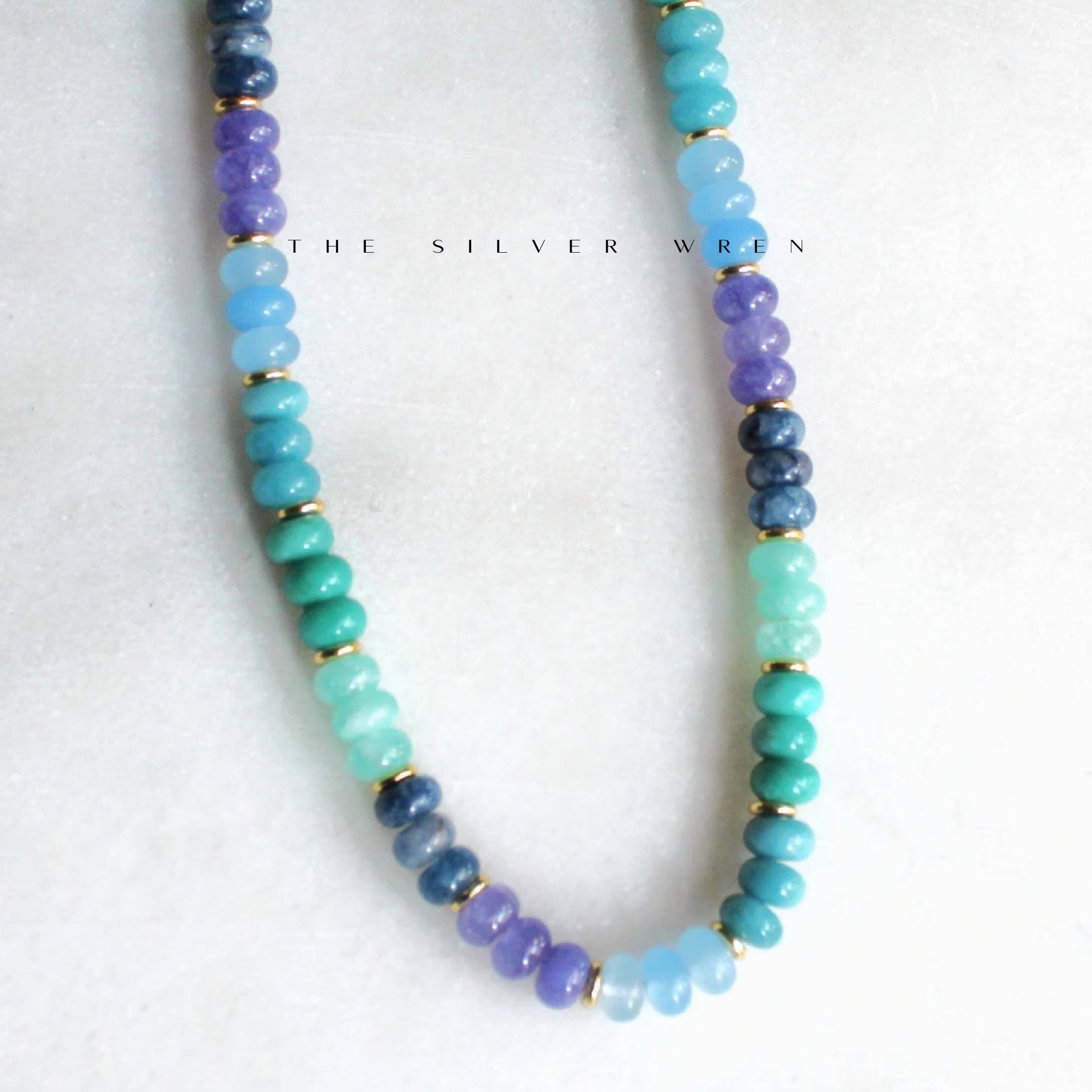 Ocean Stone Necklace featuring colorful beaded design with natural dyed quartz and 14kt gold plated accents by The Silver Wren.