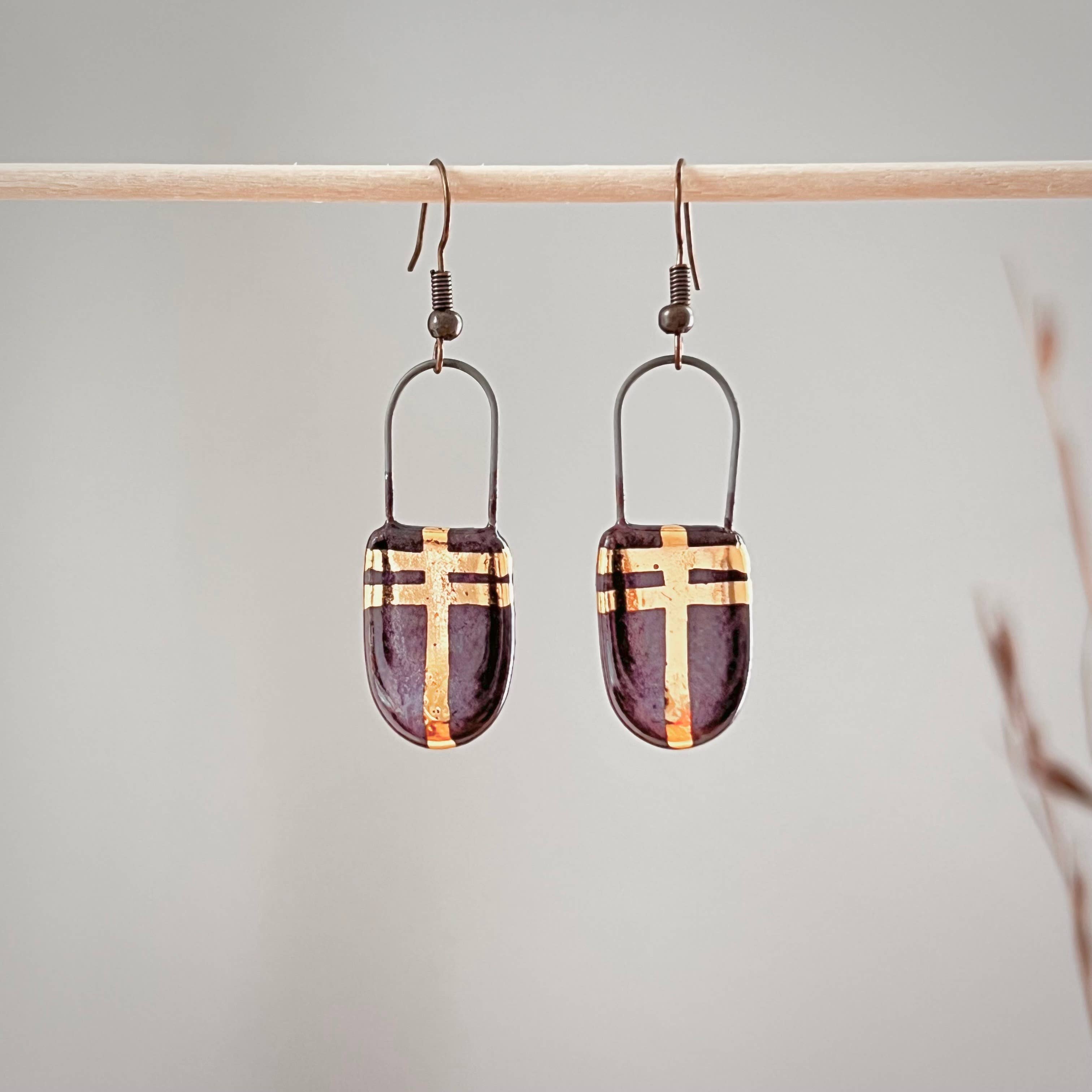 Eggplant Purple and Gold Rounded Earrings