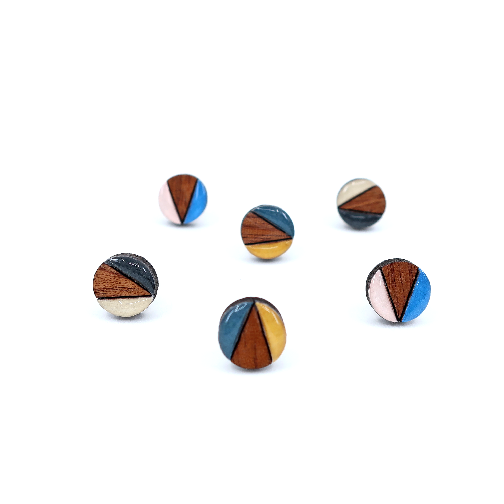 Color block mini circle titanium earrings in Mustard and Navy, made from Japanese Washi paper and nickel-free titanium, perfect for sensitive ears.