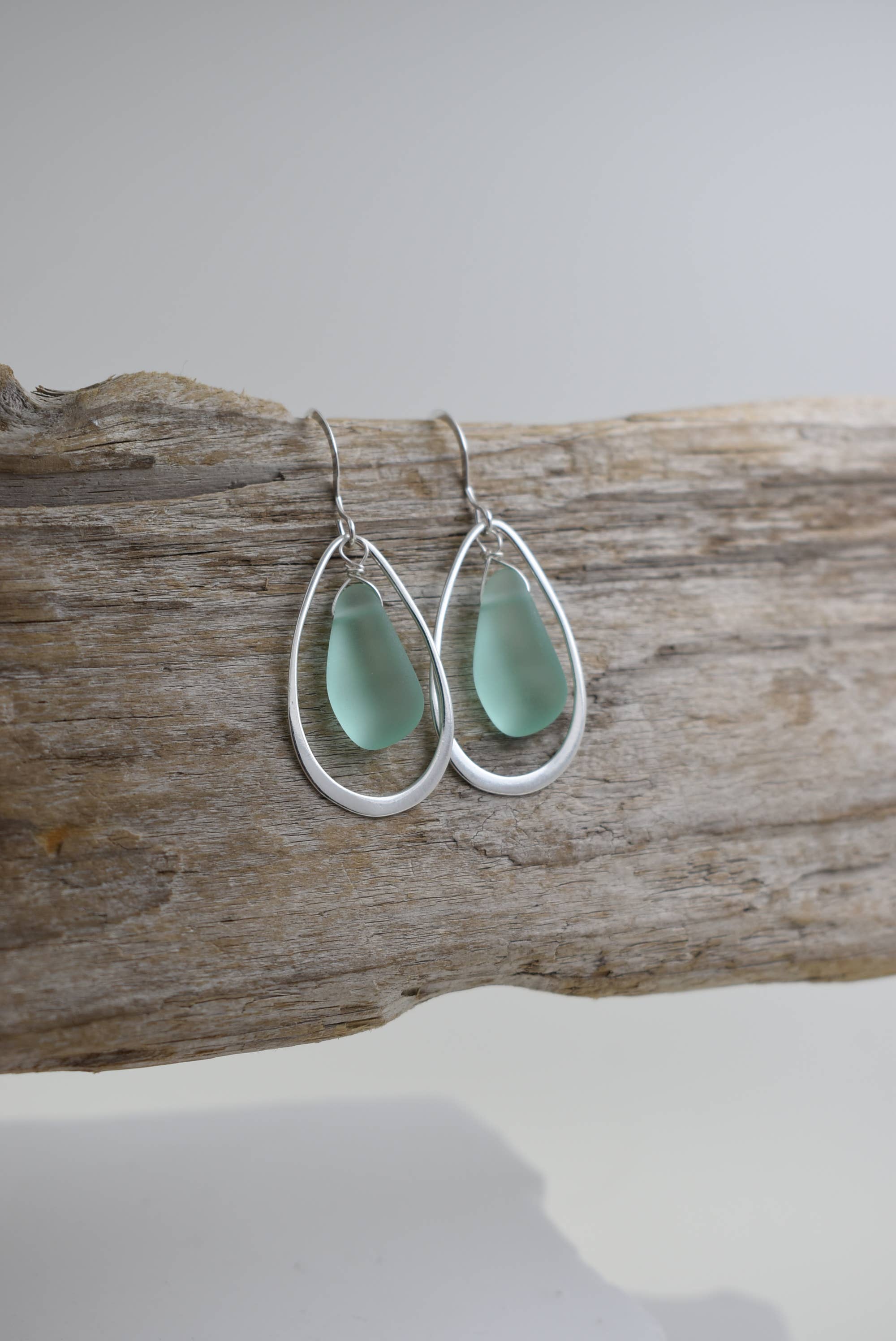 Organic Eco glass earrings with silver frame, ocean theme: TEAL