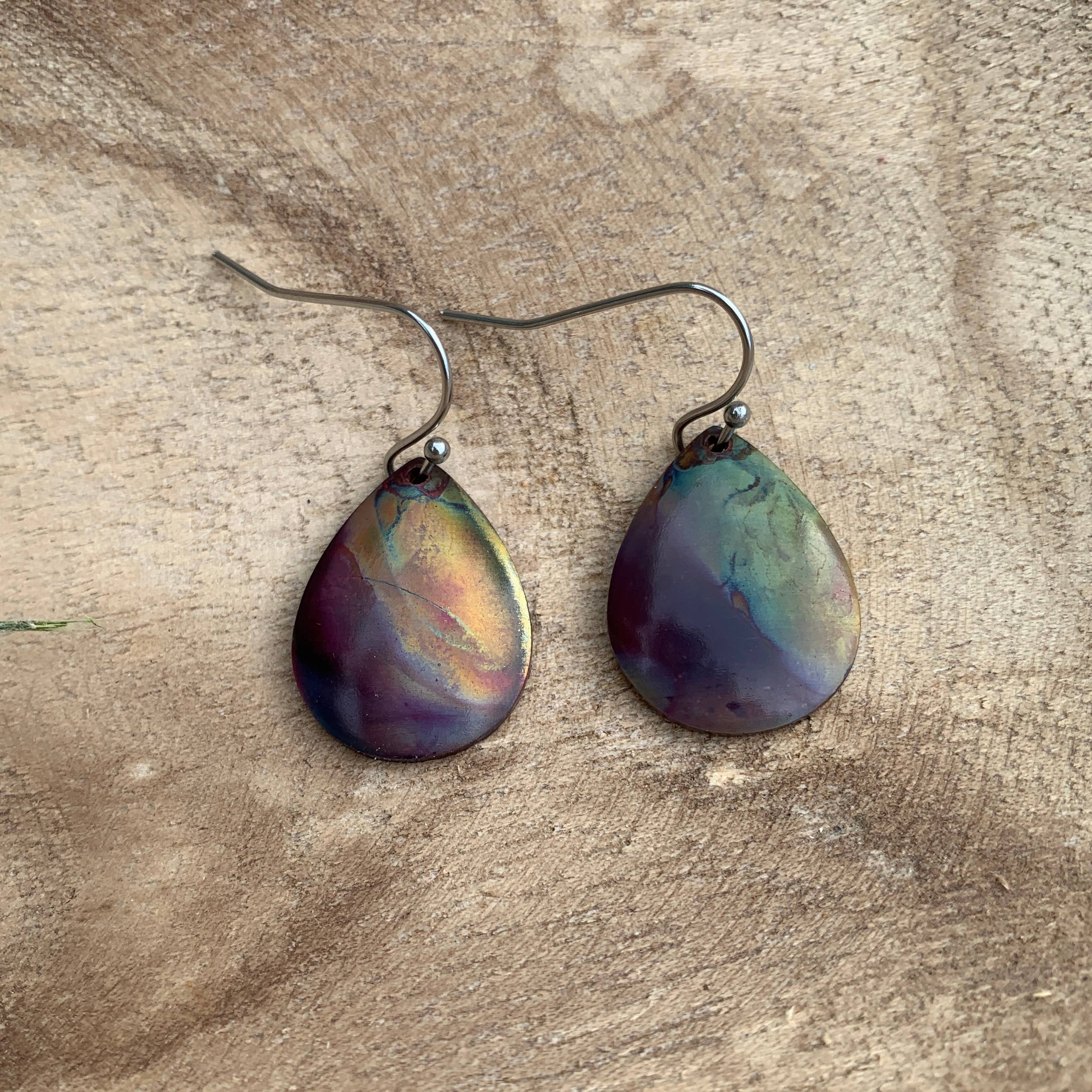 Small Teardrop Fire Painted Copper Earrings