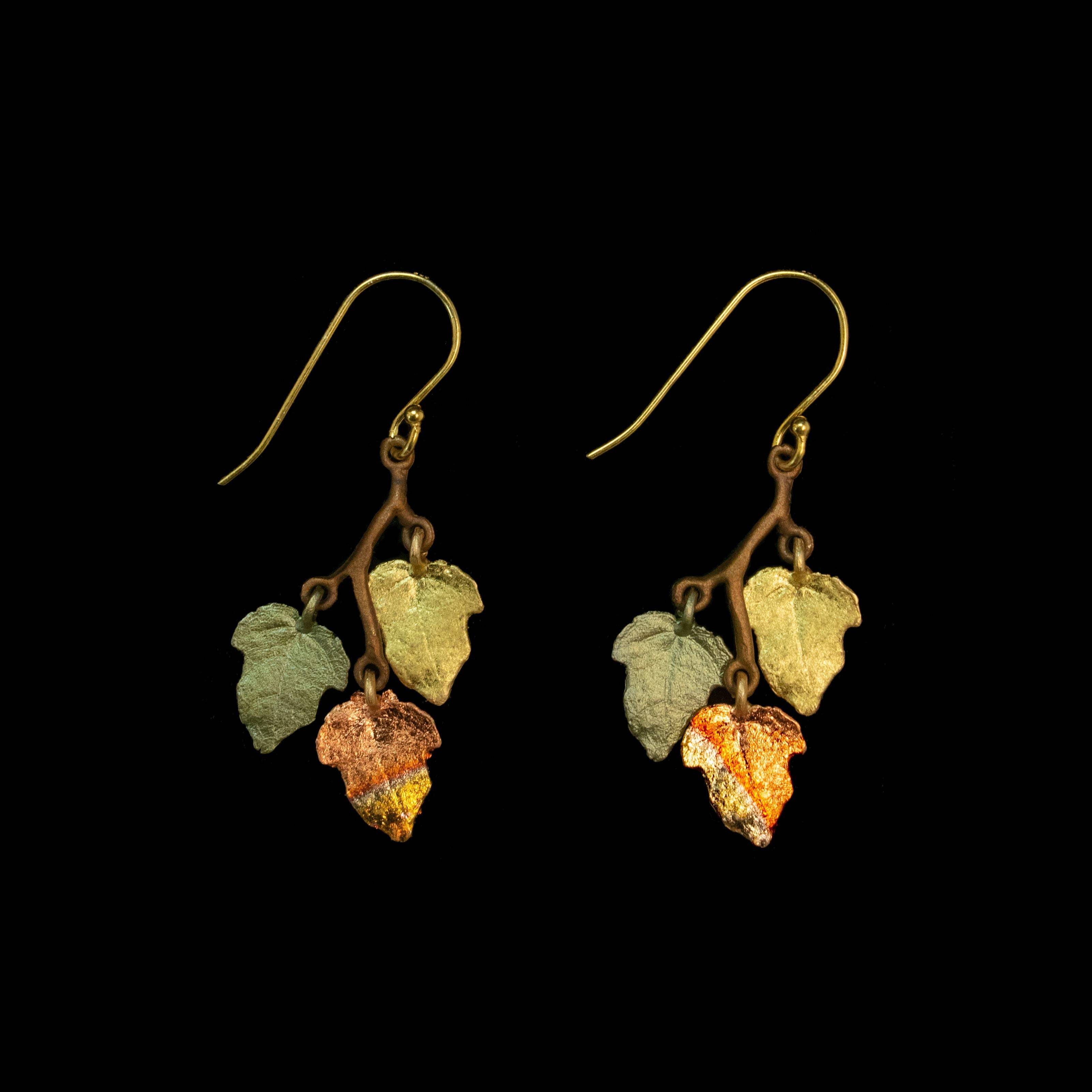 Sugar Maple Dainty 3-Leaf Wire Earrings crafted in bronze with a brown and green patina, adorned with 24K gold finish and copper leaf accents.