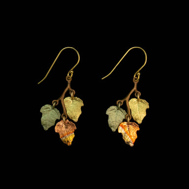 Sugar Maple Dainty 3-Leaf Wire Earrings crafted in bronze with a brown and green patina, adorned with 24K gold finish and copper leaf accents.