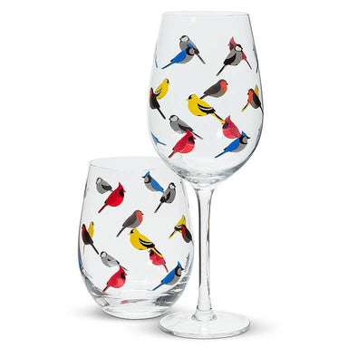 Multi Bird Stemless Wine Glass and traditional wine glass set by Abbott, showcasing a whimsical pattern of colorful birds against clear glass.